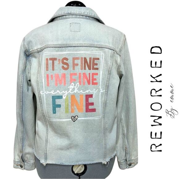 Upcycled Graphic Wild Fable Denim Trucker Jacket Soft Grunge White Wash Sz: L - Picture 1 of 9